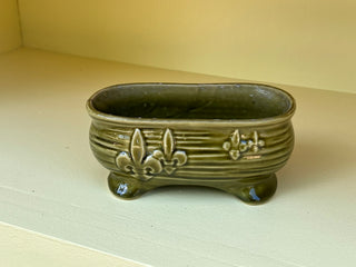 1960’s Vintage Brush Pottery Avocado Green Fluer De Lis Footed Garden Dish Planter