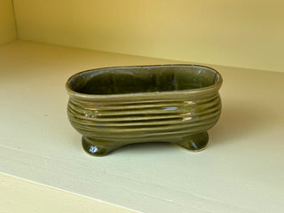 1960’s Vintage Brush Pottery Avocado Green Fluer De Lis Footed Garden Dish Planter