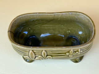 1960’s Vintage Brush Pottery Avocado Green Fluer De Lis Footed Garden Dish Planter