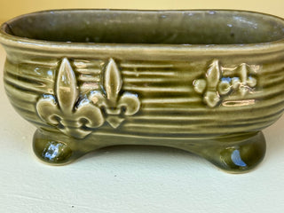 1960’s Vintage Brush Pottery Avocado Green Fluer De Lis Footed Garden Dish Planter