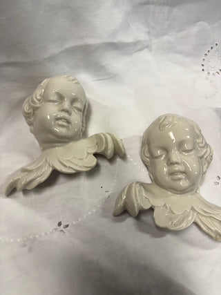 #94 Vintage Cherub Wht Porceline Wall Hangings (set of 2)