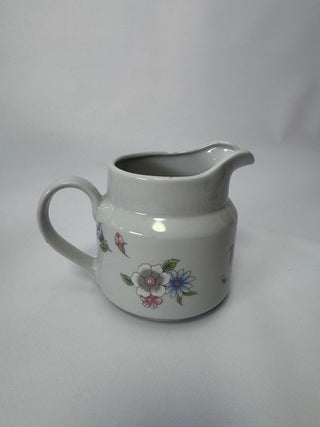 Vintage White Ceramic Milk Pitcher, Pink & Blue Floral Design