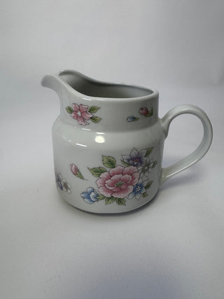 Vintage White Ceramic Milk Pitcher, Pink & Blue Floral Design