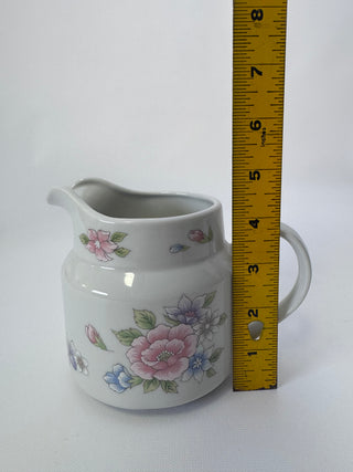 Vintage White Ceramic Milk Pitcher, Pink & Blue Floral Design