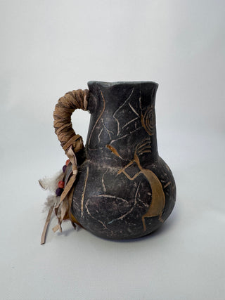 Southwestern Style Pottery Pitcher, Kokopelli Petroglyph Design, Feathers & Beads