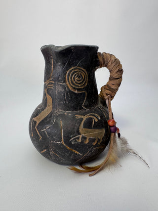 Southwestern Style Pottery Pitcher, Kokopelli Petroglyph Design, Feathers & Beads