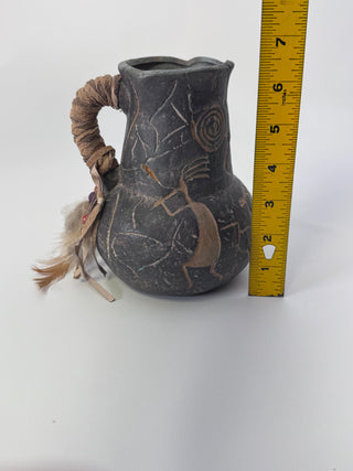 Southwestern Style Pottery Pitcher, Kokopelli Petroglyph Design, Feathers & Beads
