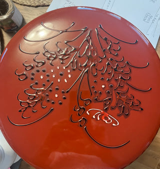VINTAGE RED ORANGE LACQUERWARE ROUND LIDDED BOX