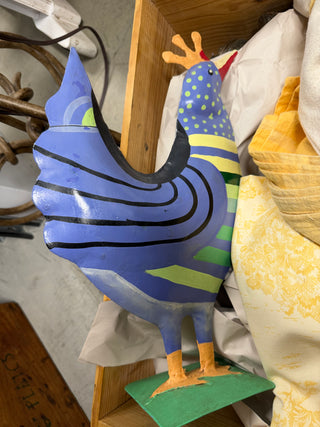 Colorful Hand-Painted Metal Rooster / Hen Folk Art Figurine