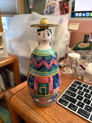 Vtg. Ibarra Pottery La Paz Mexico Woman decanter sombrero stopper 8.5"