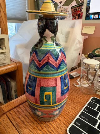 Vtg. Ibarra Pottery La Paz Mexico Woman decanter sombrero stopper 8.5"