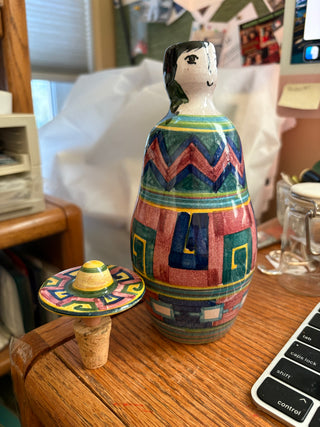 Vtg. Ibarra Pottery La Paz Mexico Woman decanter sombrero stopper 8.5"