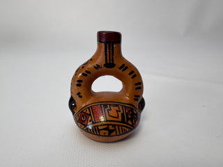 Vintage Hand-Painted Pottery Ring Vessel, Geometric Design, Small Decorative Vase