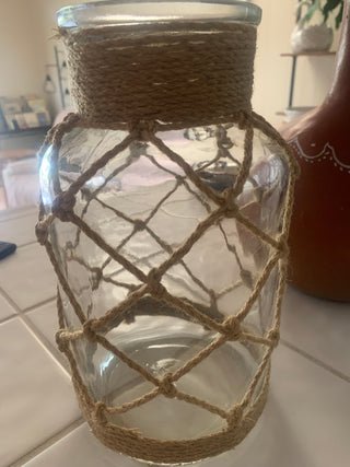10” Boho rope wrapped glass vase