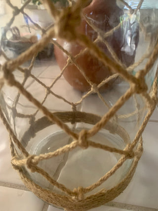 10” Boho rope wrapped glass vase