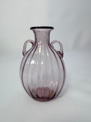 Vintage Hand-Blown Amethyst Art Glass Two-Handled Vase, Optic Ribbed, 7.5"