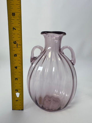 Vintage Hand-Blown Amethyst Art Glass Two-Handled Vase, Optic Ribbed, 7.5"