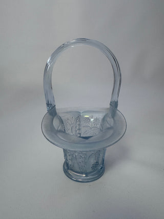 Vintage Fenton Blue Satin Glass Basket, Butterfly & Berry Pattern, Signed, 7.5"