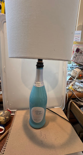 Handmade upcycled wine bottle table lamp - plug in w/shade