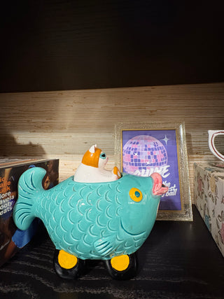 90s Cat  Driving Fish Whimsical Cookie Jar