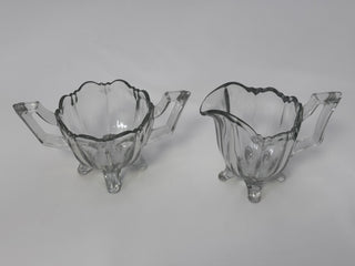 Vintage Chippendale Pattern Glass Creamer & Sugar Set Clear UV Glow