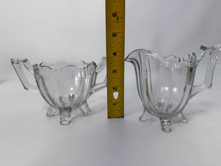 Vintage Chippendale Pattern Glass Creamer & Sugar Set Clear UV Glow