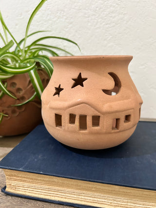 Terra Cotta Pottery Candle Holder Moon Stars