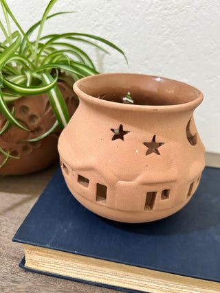 Terra Cotta Pottery Candle Holder Moon Stars