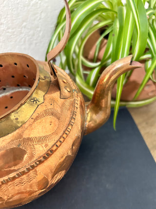 Vintage engraved copper tea kettle