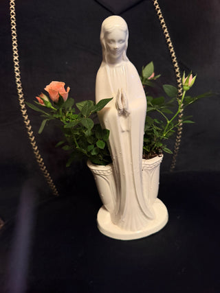 Vintage Virgin Mary Madonna Plantar Vase with pink roses