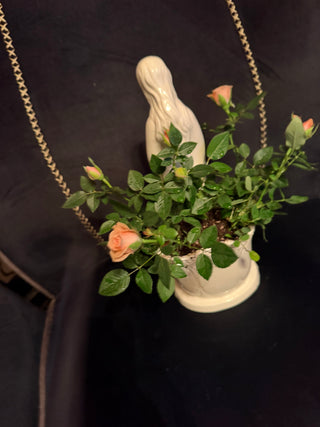 Vintage Virgin Mary Madonna Plantar Vase with pink roses