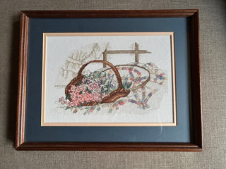 Framed Cross Stitch Flowers in Basket