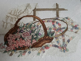 Framed Cross Stitch Flowers in Basket
