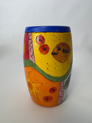 Handmade Hand-Painted Carved Pottery Vase, Folk Art Sun Moon Stars Birds, Signed