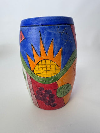 Handmade Hand-Painted Carved Pottery Vase, Folk Art Sun Moon Stars Birds, Signed