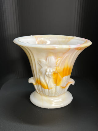 Akro Agate Vintage Slag Glass Vase, White and Yellow