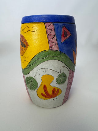 Handmade Hand-Painted Carved Pottery Vase, Folk Art Sun Moon Stars Birds, Signed