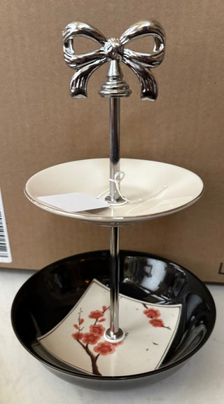 Handcrafted Jewelry/trinket stand, white & black plates 9"