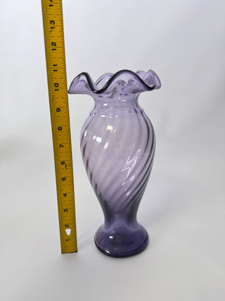 Vintage Fenton Violet Swirl Optic Glass Vase, Double Crimped Ruffled Rim, 12"