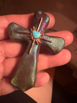 Sacred cross Raku Clay Signed Artist Jeremy Diller Hand formed  Copper Art