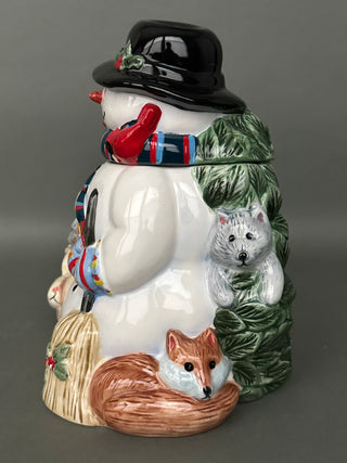 Winter Snowman Family & Woodland Animals Ceramic Cookie Jar