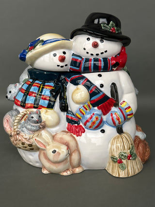 Winter Snowman Family & Woodland Animals Ceramic Cookie Jar