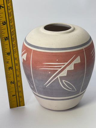Vintage Southwestern Etched Pottery Vase - Hand Painted Feather Design