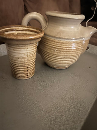 Mj94-Vintage Overland Stoneware Art Pottery 3-piece Teapot With Infuser Tan