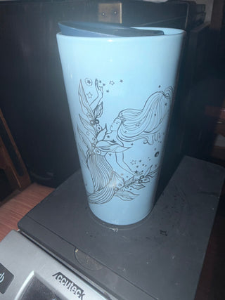 Starbucks 2023 Icicle Blue Silver Siren Mermaid Ceramic Travel Mug cup 12 Oz with lid