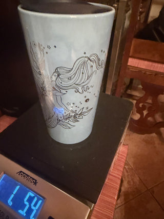 Starbucks 2023 Icicle Blue Silver Siren Mermaid Ceramic Travel Mug cup 12 Oz with lid