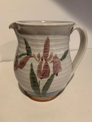 Vntg 7.5” hand thrown pottery pitcher Iris