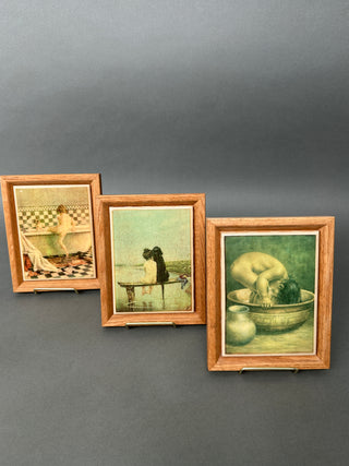🖼️ Vintage Jessie Willcox Smith Framed Ceramic Art Tiles - Set of 3 Bath Theme 🖼️