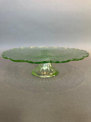 Laurel Leaf Green Cake Stand — 12” Footed Pedestal Salver, Depression-Era Pattern