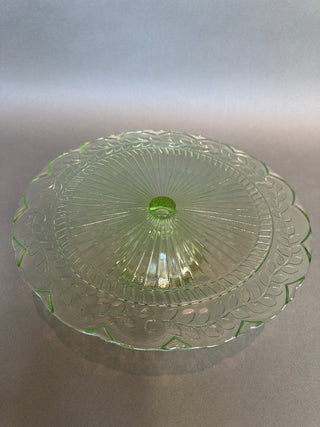 Laurel Leaf Green Cake Stand — 12” Footed Pedestal Salver, Depression-Era Pattern